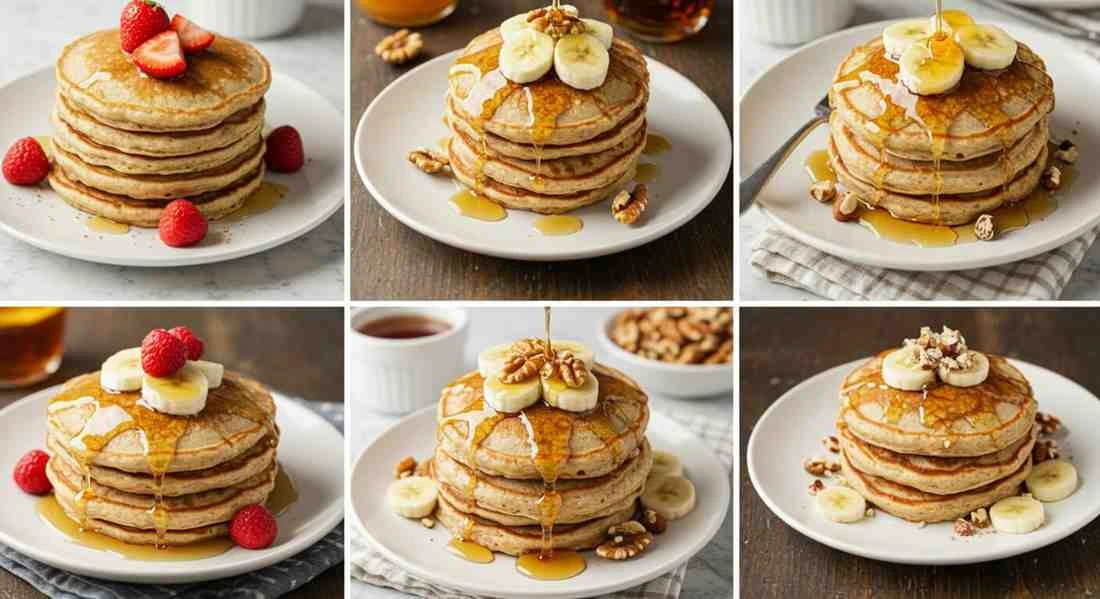 Stack of light and fluffy whole wheat pancakes topped with fresh fruit, maple syrup, and a sprinkle of powdered sugar