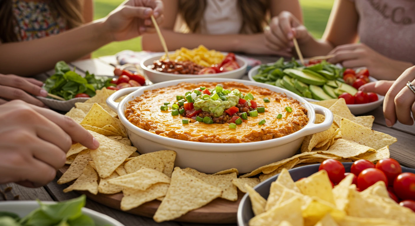A creamy taco dip topped with shredded cheese, diced tomatoes, and green onions, served with tortilla chips on the side