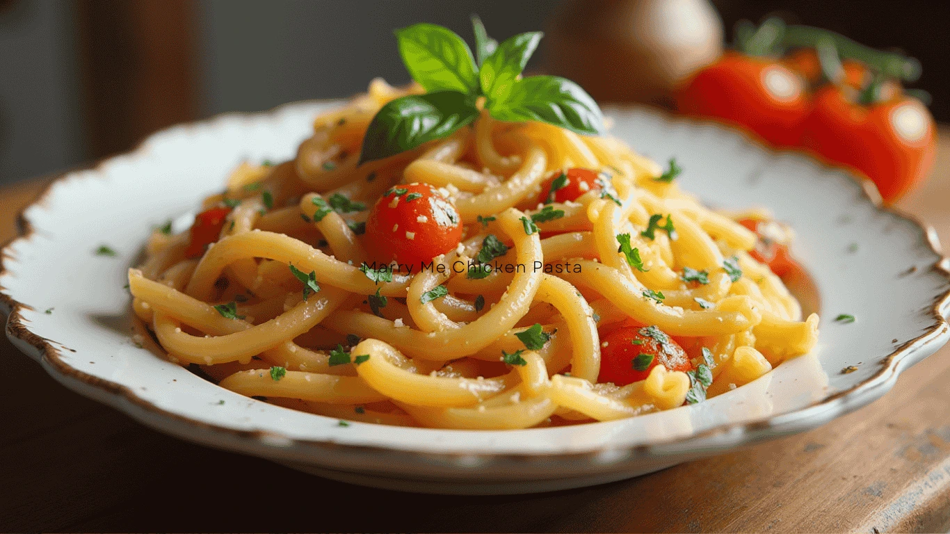 Marry Me Chicken Pasta with creamy garlic parmesan sauce, sun-dried tomatoes, and juicy chicken over pasta