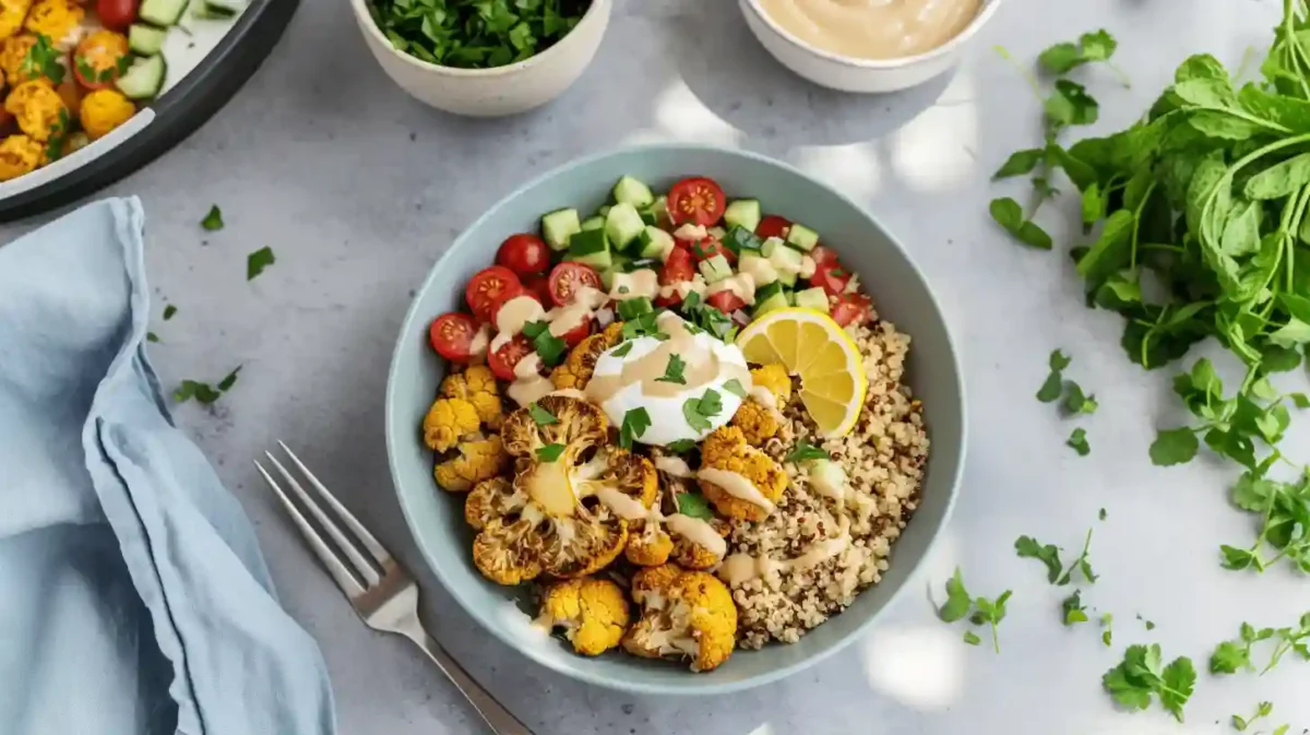 A colorful Mexican Grilled Chicken Bowl featuring sliced smoky chicken breast over brown rice, black beans, cherry tomatoes, corn, avocado slices, and a dollop of lime‑yogurt drizzle