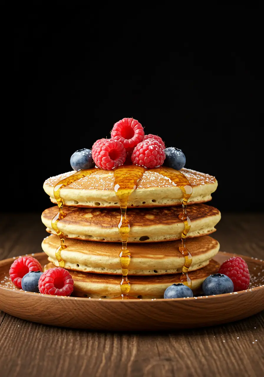 Stack of pancakes topped with raspberries and blueberries, drizzled with syrup, on a wooden plate against a dark background