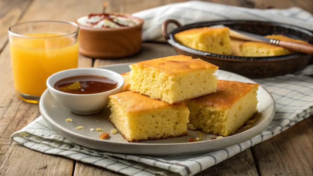 Golden, fluffy cornbread served with a drizzle of honey, fresh fruit, and a side of crispy bacon on a rustic wooden table. The cornbread is perfectly baked, with a light and crumbly texture, inviting a comforting and satisfying start to the day