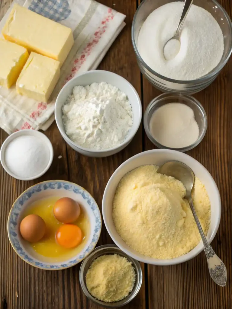 Flat lay of cornbread breakfast ingredients including cornmeal, eggs, milk, butter, shredded cheese, sausage, green onions, and spices on a rustic wooden surface.