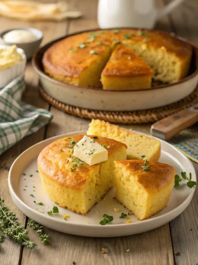 Close up of a warm cornbread breakfast served on a plate with eggs, sausage, and a drizzle of honey, set on a rustic table with a hot coffee mug in the background.