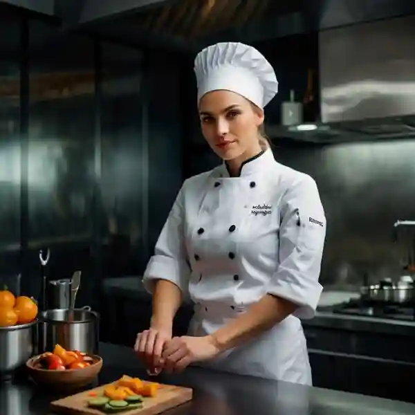 Chef Laura wearing a crisp white chef's coat and traditional chef's hat, holding a freshly baked Chocolate Chip Brioche Bread on a wooden board, with a warm, inviting smile.