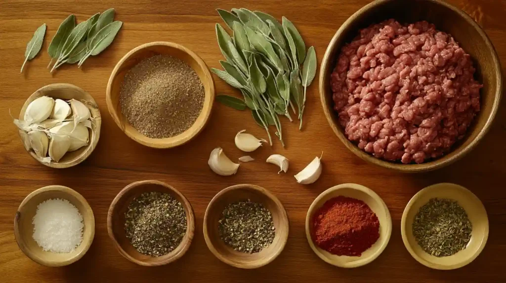  Flat lay of fresh ground beef, small bowls of spices (sage, basil, black pepper, onion powder, marjoram, red pepper flakes, and brown sugar), and a wooden spoon mixing them in a bowl. A rustic wooden table enhances the homemade feel.