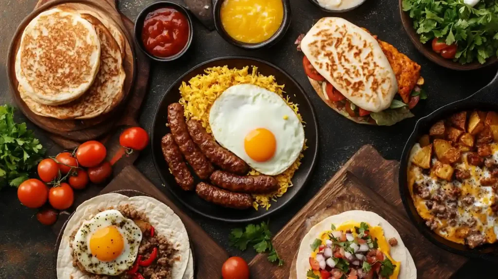 A comforting breakfast scene featuring a plate of beef sausage patties, scrambled eggs, and a slice of buttered toast, served with a steaming cup of coffee. Warm sunlight shines through a nearby window, creating a cozy morning atmosphere.