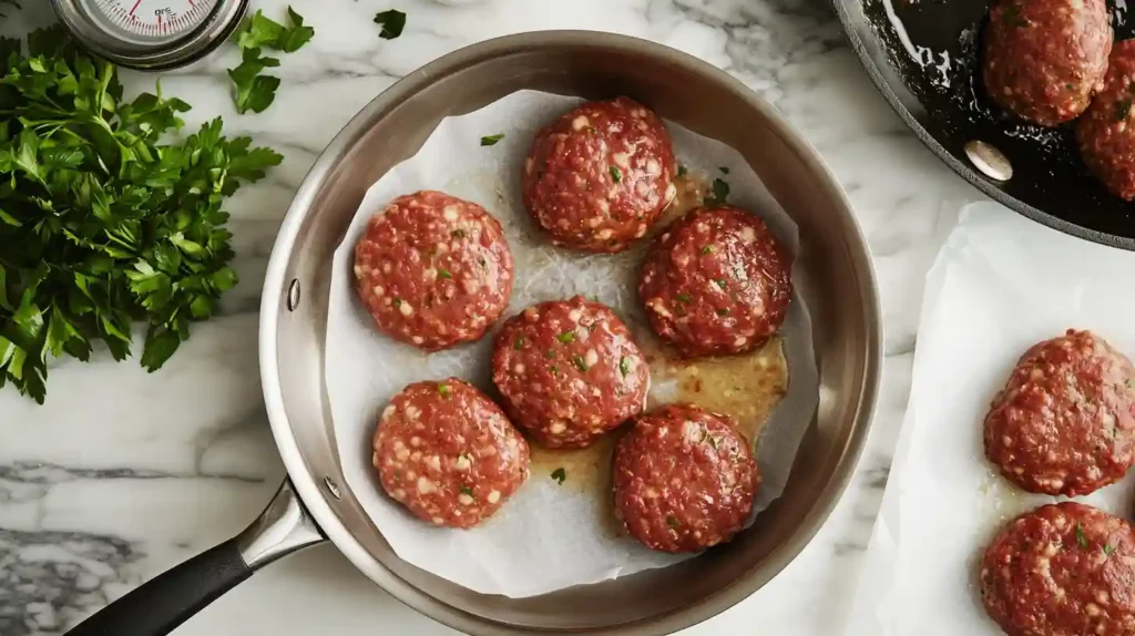 Step-by-step collage of making homemade beef breakfast sausage: mixing ground beef with spices, forming raw patties, frying them in a hot skillet, checking temperature with a thermometer, and finally plating the cooked patties on a paper towel.