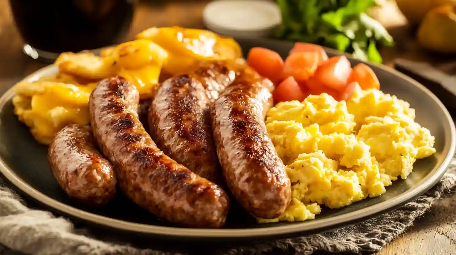 Homemade Beef Breakfast Sausage – Freshly made beef sausage patties, arranged on a wooden platter with a side of whole spices and herbs, ready to cook