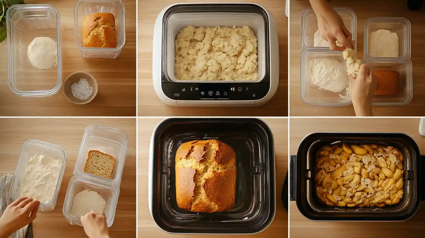 Best Bread Machine Banana Bread Close-up of freshly baked banana bread with a golden crust, sliced on a wooden cutting board. The bread has a moist texture with visible chocolate chips and nuts. In the background, ripe bananas rest on a checkered cloth beside a wooden-handled knife. Dried banana slices and pecans are scattered around, enhancing the rustic and cozy presentation.