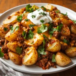A hearty bowl of Carne con Papas recipe with tender beef and potatoes in a rich, savory sauce, served with fresh herbs on top."