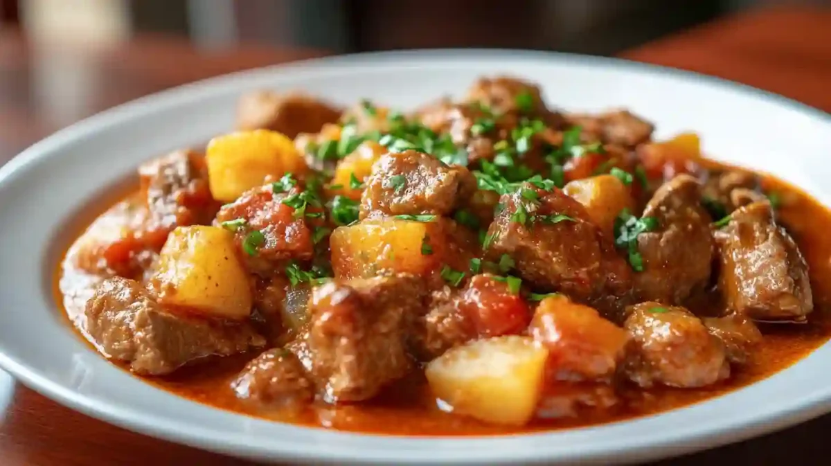 A hearty bowl of Carne con Papas recipe with tender beef and potatoes in a rich, savory sauce, served with fresh herbs on top.