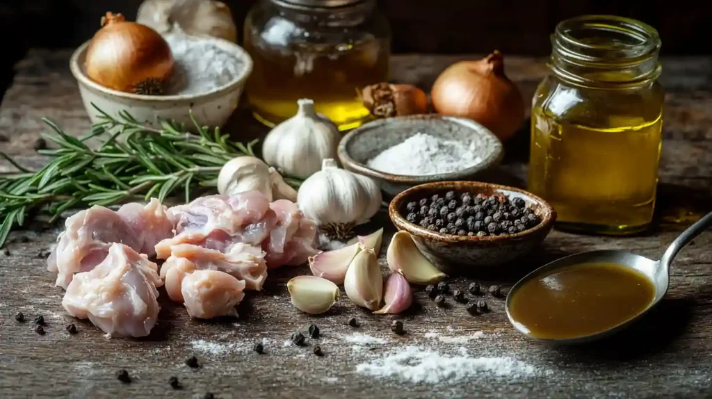 A rustic arrangement of fresh cooking ingredients on a wooden surface, including raw chicken pieces, fresh rosemary sprigs, garlic cloves, black peppercorns, flour, onions, olive oil in glass jars, and a spoonful of rich brown gravy