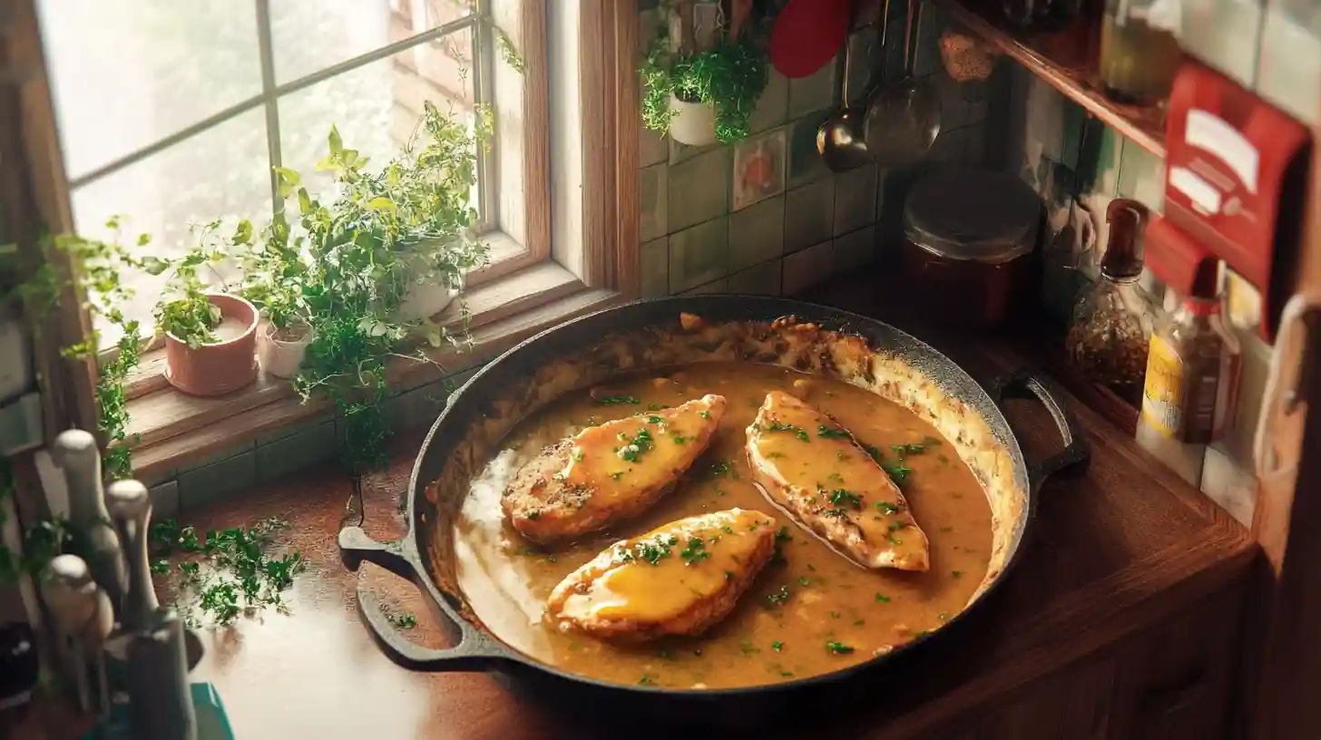 A cozy kitchen setting with a cast iron skillet on a wooden countertop, filled with golden-browned chicken breasts simmering in a creamy, rich gravy. Sunlight streams through a window adorned with potted herbs, creating a warm and rustic ambiance.