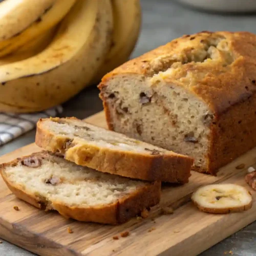 Best Bread Machine Banana Bread Freshly baked banana bread with a golden brown crust, sliced on a wooden cutting board. The bread is moist with visible chocolate chips and nuts. In the background, ripe bananas rest on a checkered cloth beside a rustic knife, with dried banana slices and pecans scattered on the board.