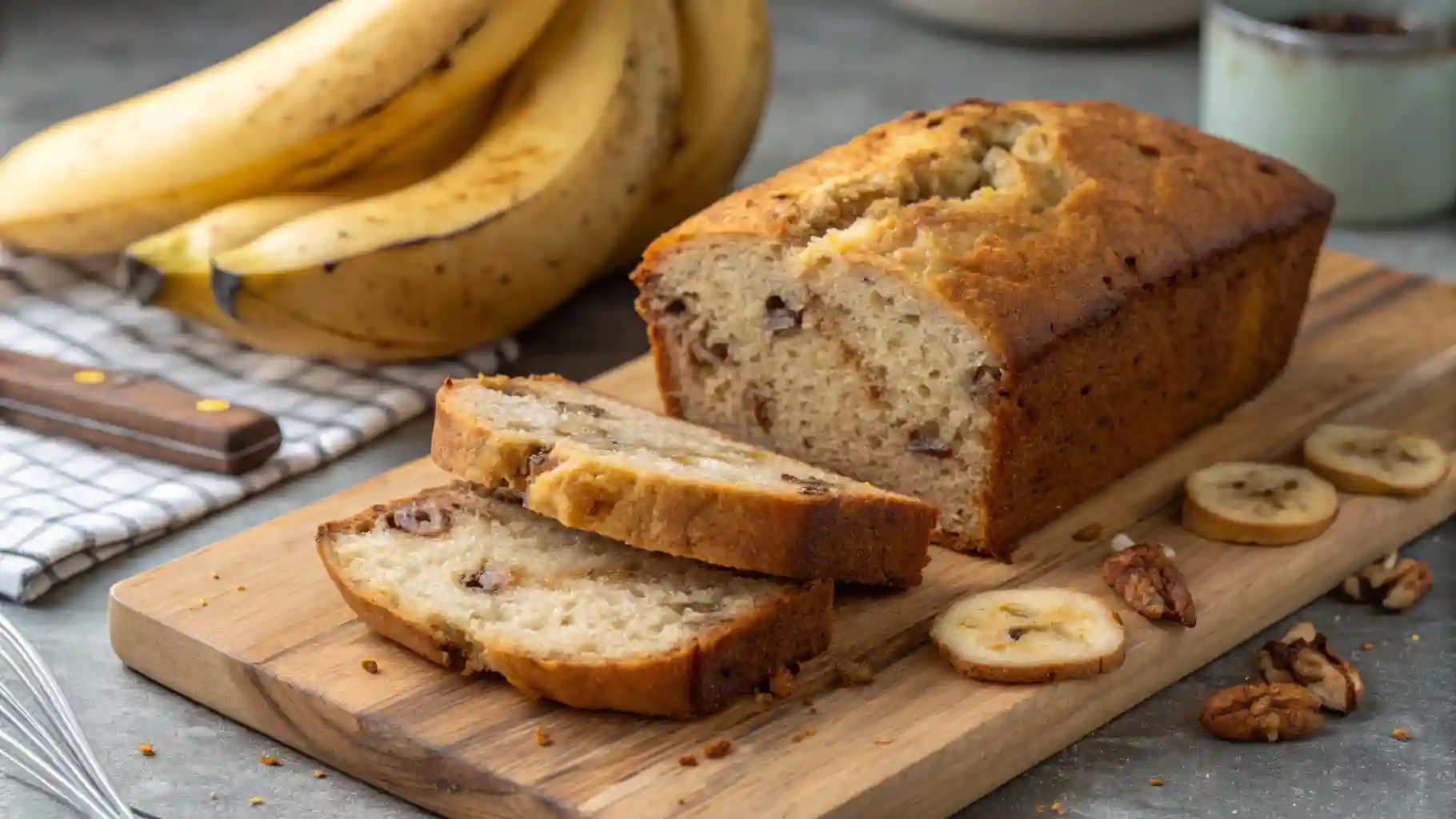 Freshly baked banana bread with a golden brown crust, sliced on a wooden cutting board. The bread is moist with visible chocolate chips and nuts. In the background, ripe bananas rest on a checkered cloth beside a rustic knife, with dried banana slices and pecans scattered on the board.