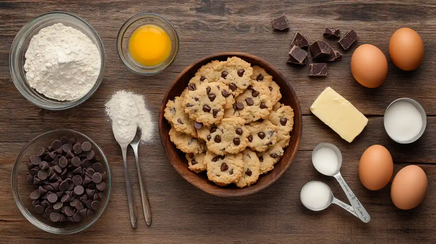 Close-up of thick, homemade copycat Crumbl cookies with chocolate chips on a rustic wooden surface