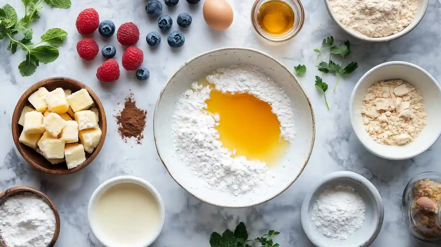 Overhead view of baking ingredients including flour, butter cubes, egg, berries, cocoa powder, herbs, milk, and spices arranged on a marble surface.