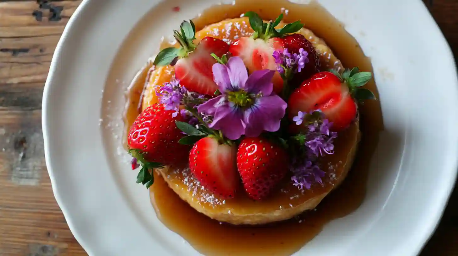 Caramel flan topped with fresh strawberries and edible purple flowers, served on a white plate with caramel sauce.