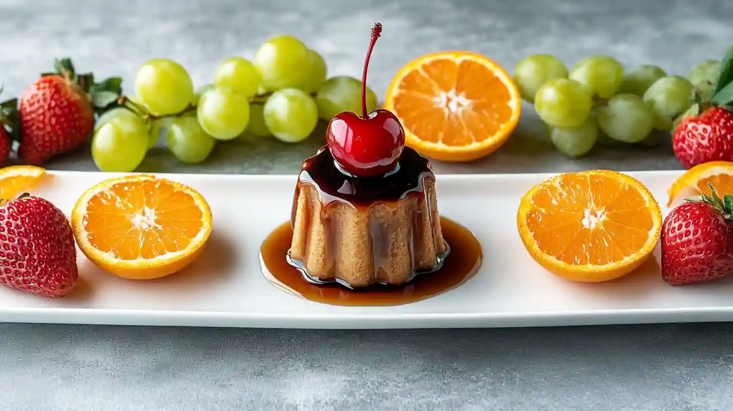 Spanish flan topped with a cherry and caramel sauce, served on a white plate with strawberries, orange halves, and green grapes