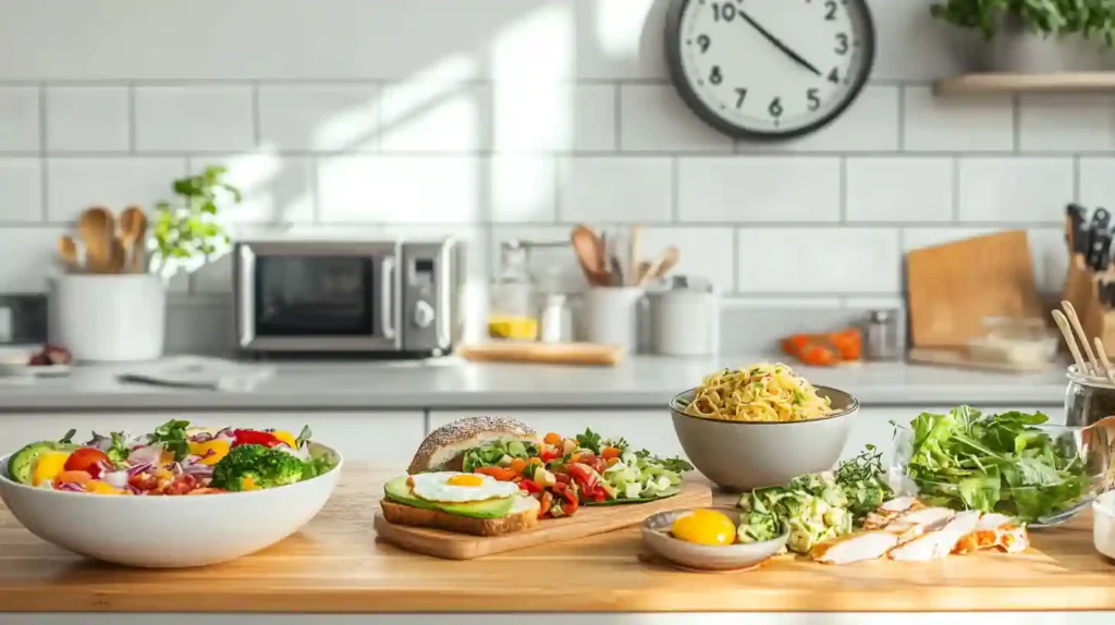Family dinner table with a variety of quick and easy meals including chili, shrimp stir-fry, salad, and roasted vegetables, evoking a stress-free mealtime.