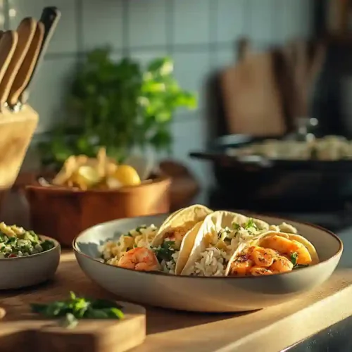 Quick and easy 5-minute dinner recipes on a kitchen counter, featuring avocado toast, microwave pasta, veggie wrap, salad bowl, and rotisserie chicken.