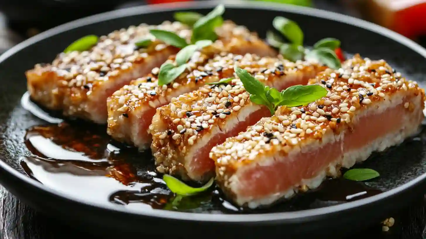 Easy Pan-Seared Tuna Steak with Lemon and Herbs Seared tuna steak is a culinary delight that combines a flavorful crust with a tender, often rare, interior. This dish highlights the natural richness of high-quality tuna, offering a satisfying and nutritious meal. The searing process enhances the tuna's inherent flavors, creating a contrast between the crispy exterior and the soft, succulent center. Typically, the tuna is quickly seared over high heat, ensuring the inside remains rare or medium-rare, preserving its delicate texture and taste. This method not only accentuates the fish's freshness but also provides a visually appealing presentation with its vibrant pink center encased by a golden-brown crust.