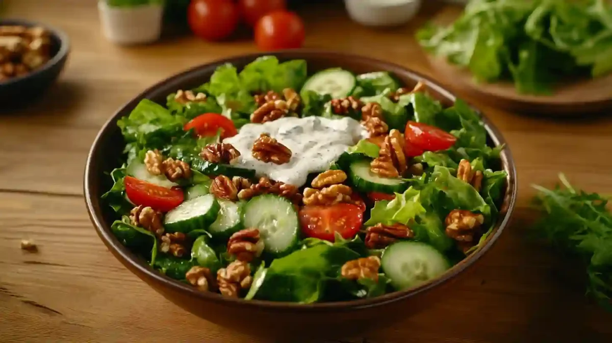 A colorful classic vintage salad recipe with fresh greens, tomatoes, cucumbers, walnuts, and a creamy dressing served in a rustic bowl.