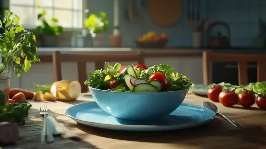 A colorful vintage salad with fresh greens, tomatoes, cucumbers, walnuts, and a creamy dressing served in a rustic bowl.