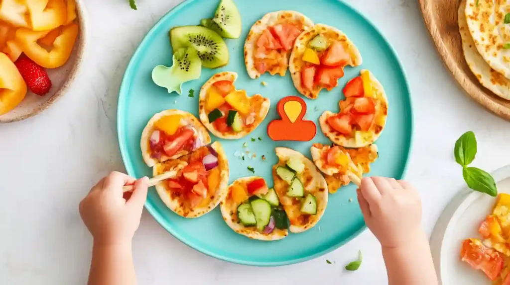 Toddler Dinner Ideas: Creative Recipes to Make Mealtime Fun joyful family enjoying a healthy, toddler-friendly meal with mini quiches, veggie sticks with hummus, fruit kebabs, and mini pita pizzas at the dinner table