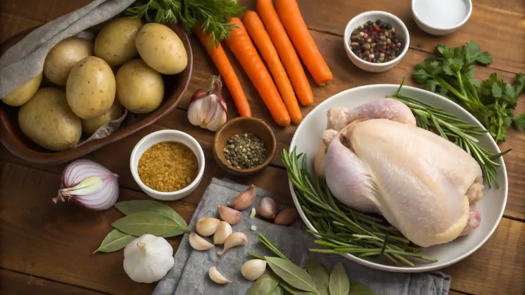 The Four Best Chicken Dinner Party Recipes of All Time 1 A vibrant spread of chicken dinner party dishes, including golden-brown roasted chicken thighs garnished with citrus slices and olives, surrounded by bowls of fresh salads, grains, and colorful side vegetables.