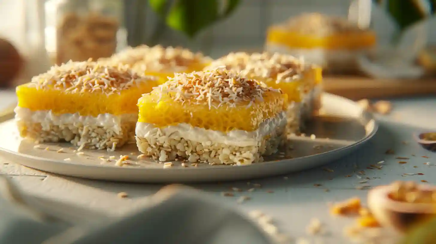 Delicious coconut pineapple bites arranged on a white plate, with a tropical backdrop and soft lighting, showcasing a healthy, no-bake snack perfect for any occasion