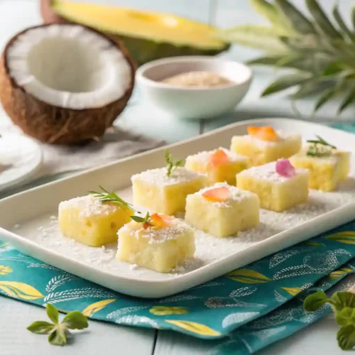 ropical coconut pineapple bites on a white plate, garnished with shredded coconut, set against a bright and tropical background. These bite-sized treats offer a burst of exotic flavors, perfect for a quick snack or dessert.