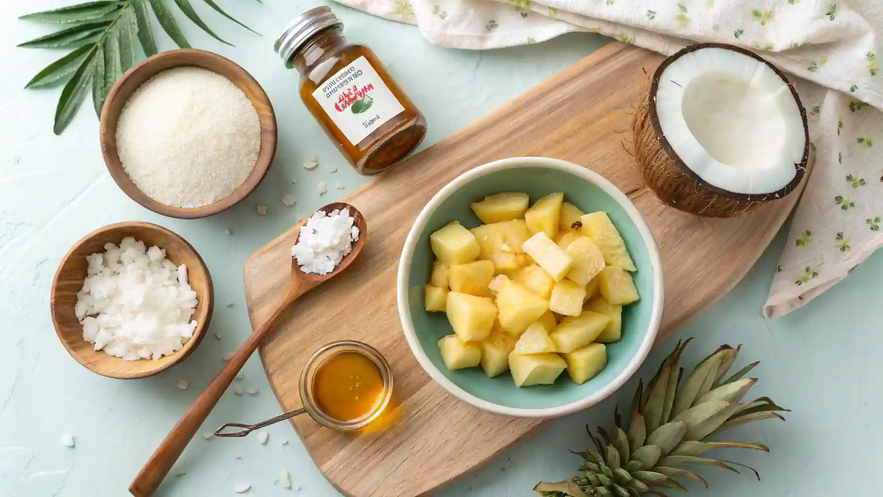 Artistic flat lay of ingredients for coconut pineapple bites: crushed pineapple, shredded coconut, coconut flour, honey or maple syrup, vanilla extract, and a pinch of salt arranged on a wooden board with a bright, tropical vibe and soft lighting