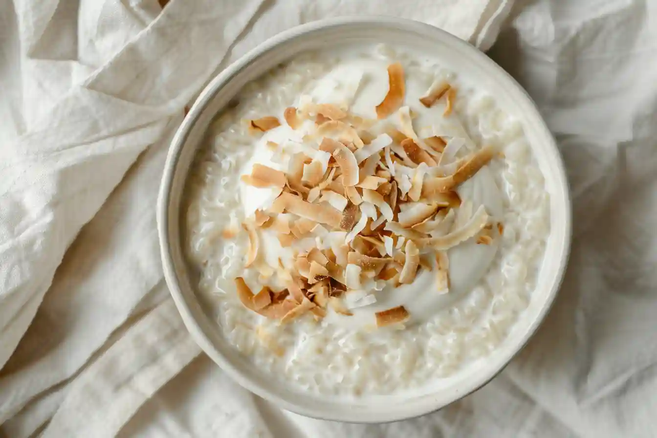 Creamy homemade Rice Pudding Recipe served in a rustic ceramic bowl, topped with cinnamon and raisins.