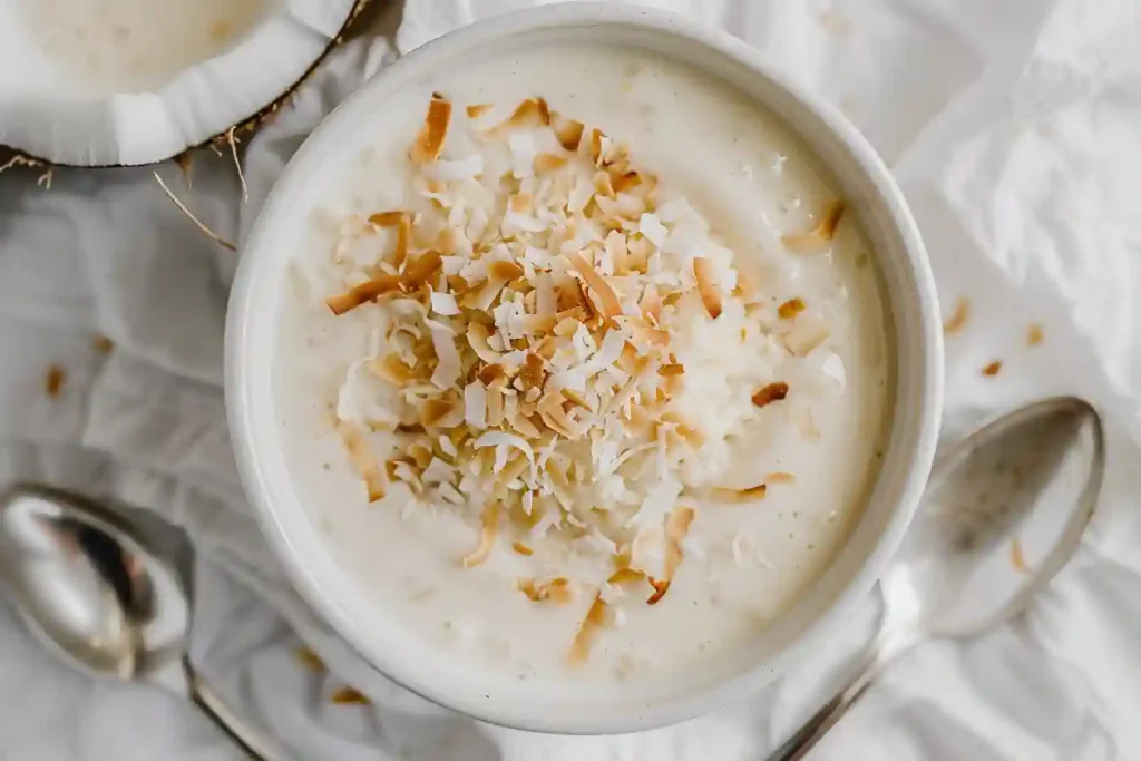 Creamy homemade rice pudding recipe served warm in a rustic bowl, garnished with cinnamon and raisins.