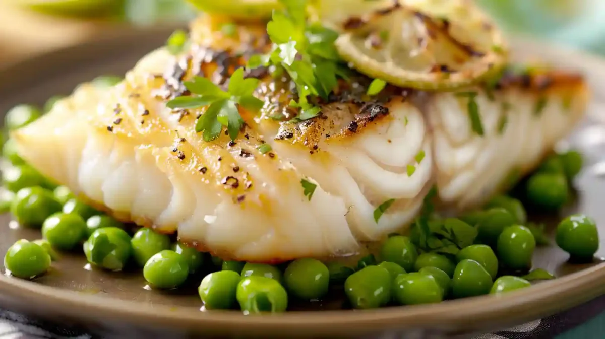 Fresh green onions and peas on a rustic wooden cutting board