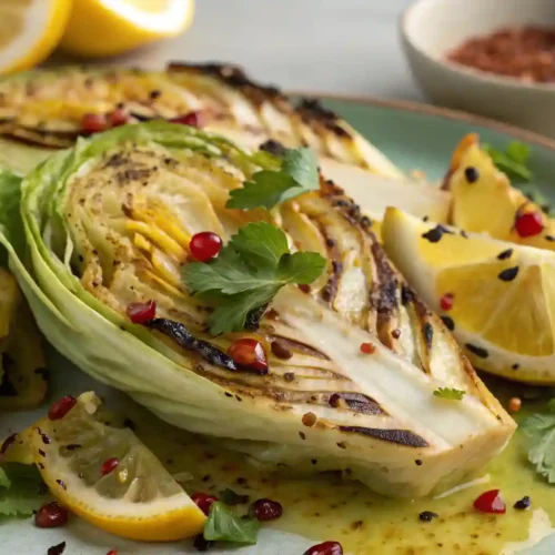 Grilled cabbage recipe with preserved lemon mostarda, vegan side dish with lemon slices, herbs, and pomegranate.
