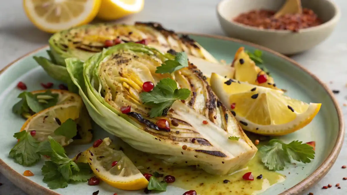 Grilled cabbage recipe with preserved lemon mostarda, vegan side dish with lemon slices, herbs, and pomegranate.