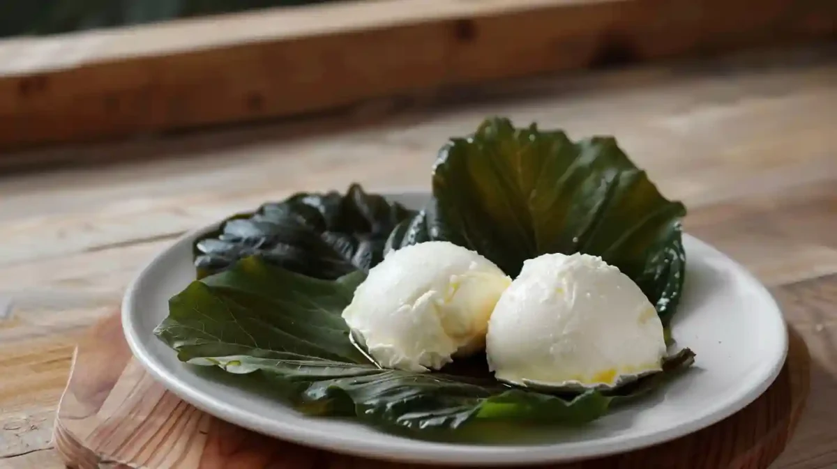 Two scoops of fresh homemade mozzarella cheese served on large green leaves, placed on a white plate atop a wooden surface