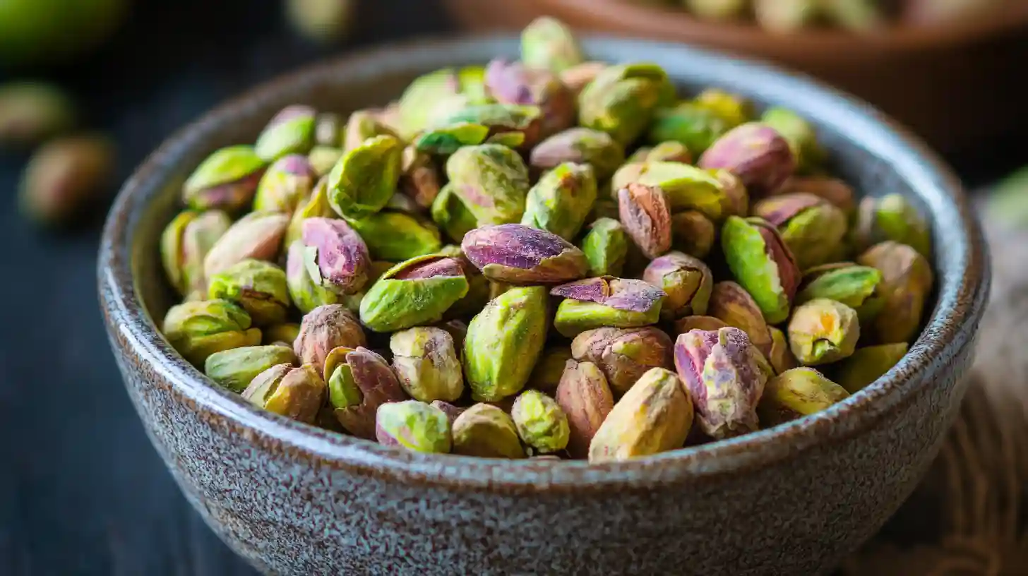 A bowl of creamy pistachio salad with a light green color, topped with chopped pistachios and maraschino cherries, served chilled in a glass dish.