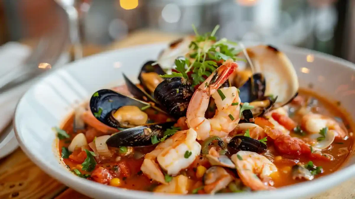 A bowl of creamy seafood chowder recipe with shrimp, potatoes, and herbs served with crusty bread.