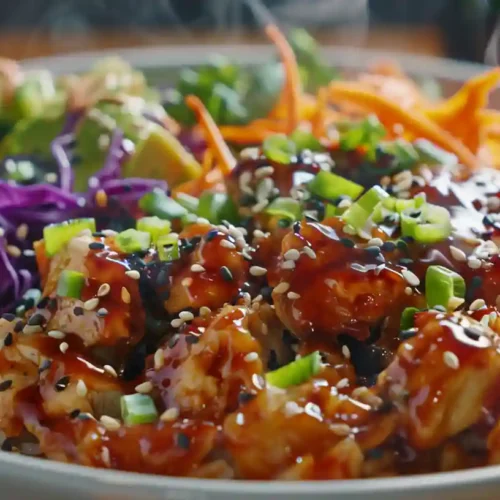 Bang Bang Chicken Bowl Recipe – A Bold & Flavorful Fusion Dish Quick preparation of a Bang Bang Chicken Bowl with fresh ingredients flying mid-air