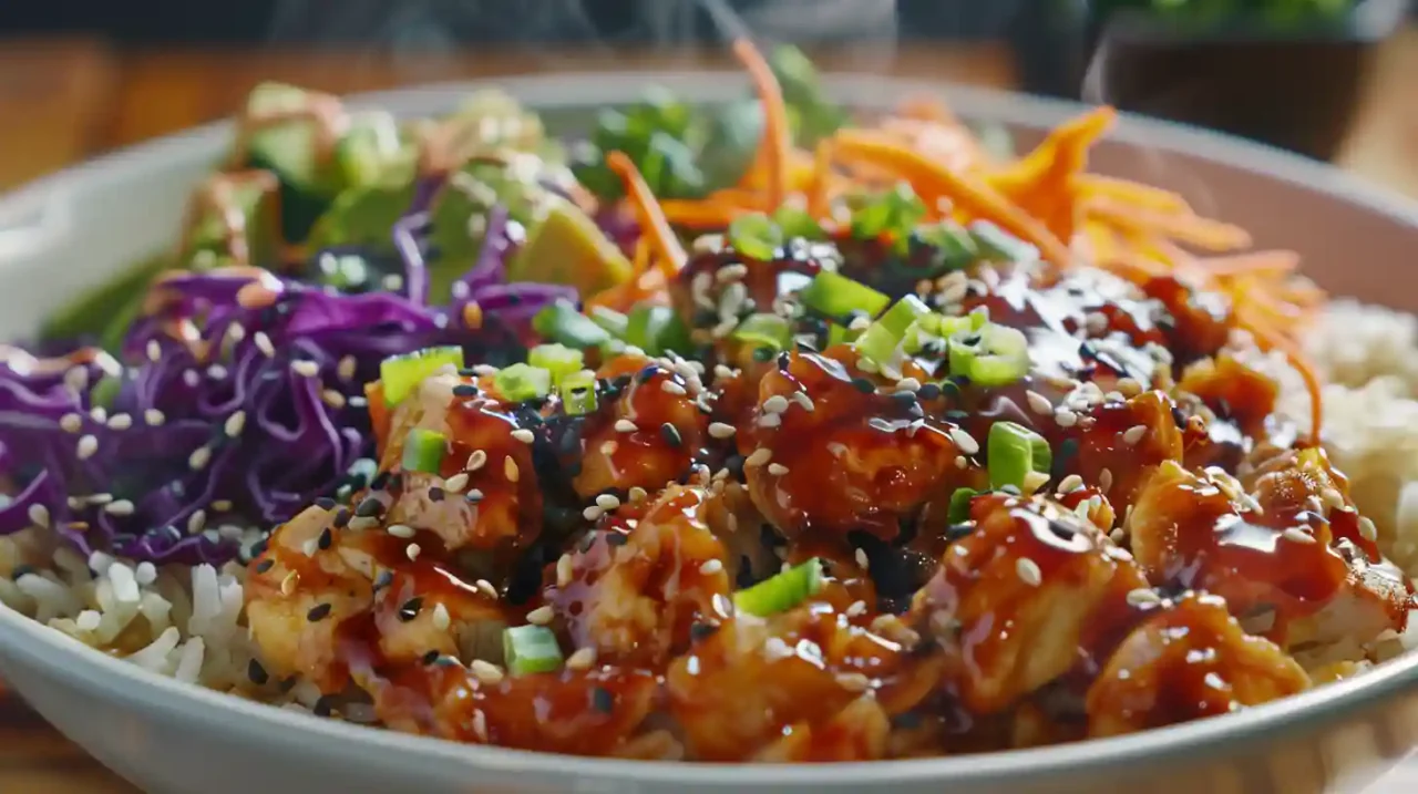 Quick preparation of a Bang Bang Chicken Bowl with fresh ingredients flying mid-air