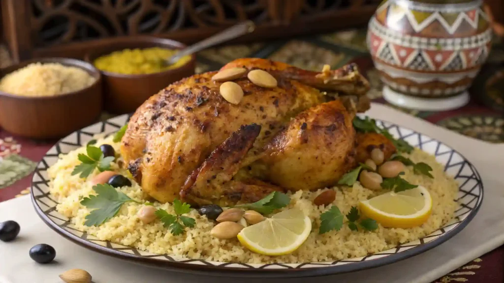 Authentic Moroccan chicken cooked with preserved lemons and green olives in a traditional tagine, garnished with fresh parsley and served with couscous