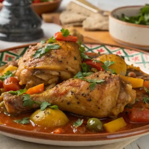 Traditional Moroccan chicken with preserved lemons and olives served in a tagine dish garnished with fresh herbs