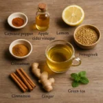 Top-down image of natural Mounjaro recipe ingredients, including lemon, cinnamon, cayenne pepper, apple cider vinegar, fenugreek, green tea, and ginger, labeled on a rustic wooden surface