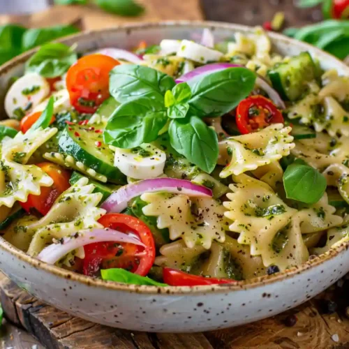 Italian Bow Tie Pasta Salad Recipe A large glass or white ceramic bowl filled with colorful bow tie pasta salad, mixed with cherry tomatoes, cucumber, carrots, bell peppers, spinach, and red onion, lightly dressed and garnished with fresh basil and black pepper, served on a wooden table in natural light