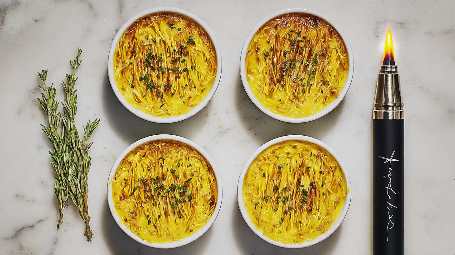 "Crab brûlée in a white ramekin with caramelized cheese topping and microgreens, served on a rustic wooden table."