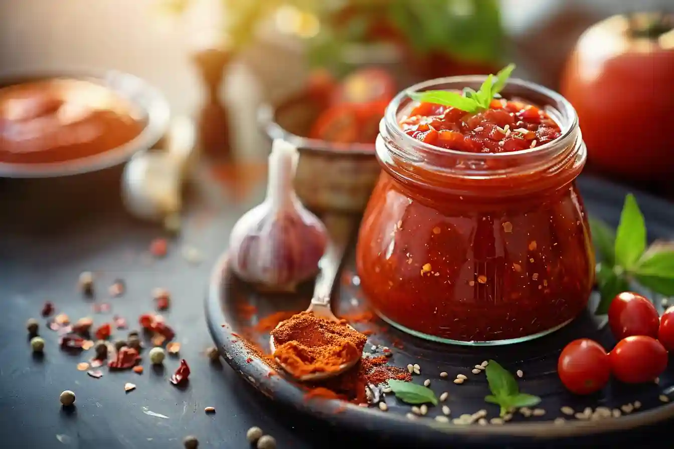 Glass jar of homemade Tex Mex Paste surrounded by garlic, cherry tomatoes, herbs, and red spices on a rustic black tray.